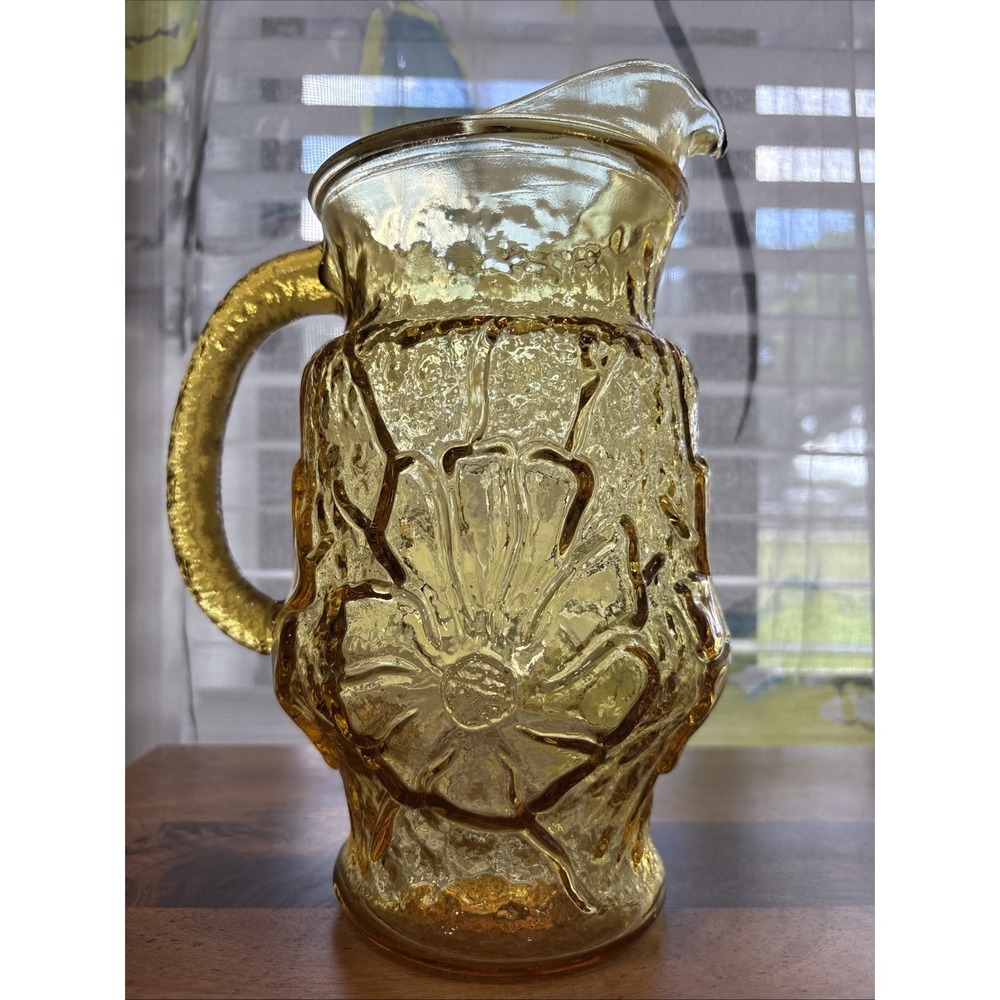 Anchor Hocking Rain Flower Daisy Amber Glass Juice Water Pitcher Vintag 8"